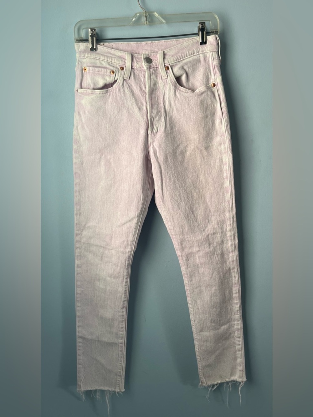 Levi's 501s Light Pink Acid Wash Frayed Hem Skinny High Waist Jeans Size 26